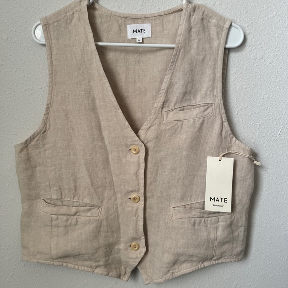 NWT Size XL Tan vneck Sleeveless Button Down Pockets Linen Vest - Mate the Label - Picture 2 of 15